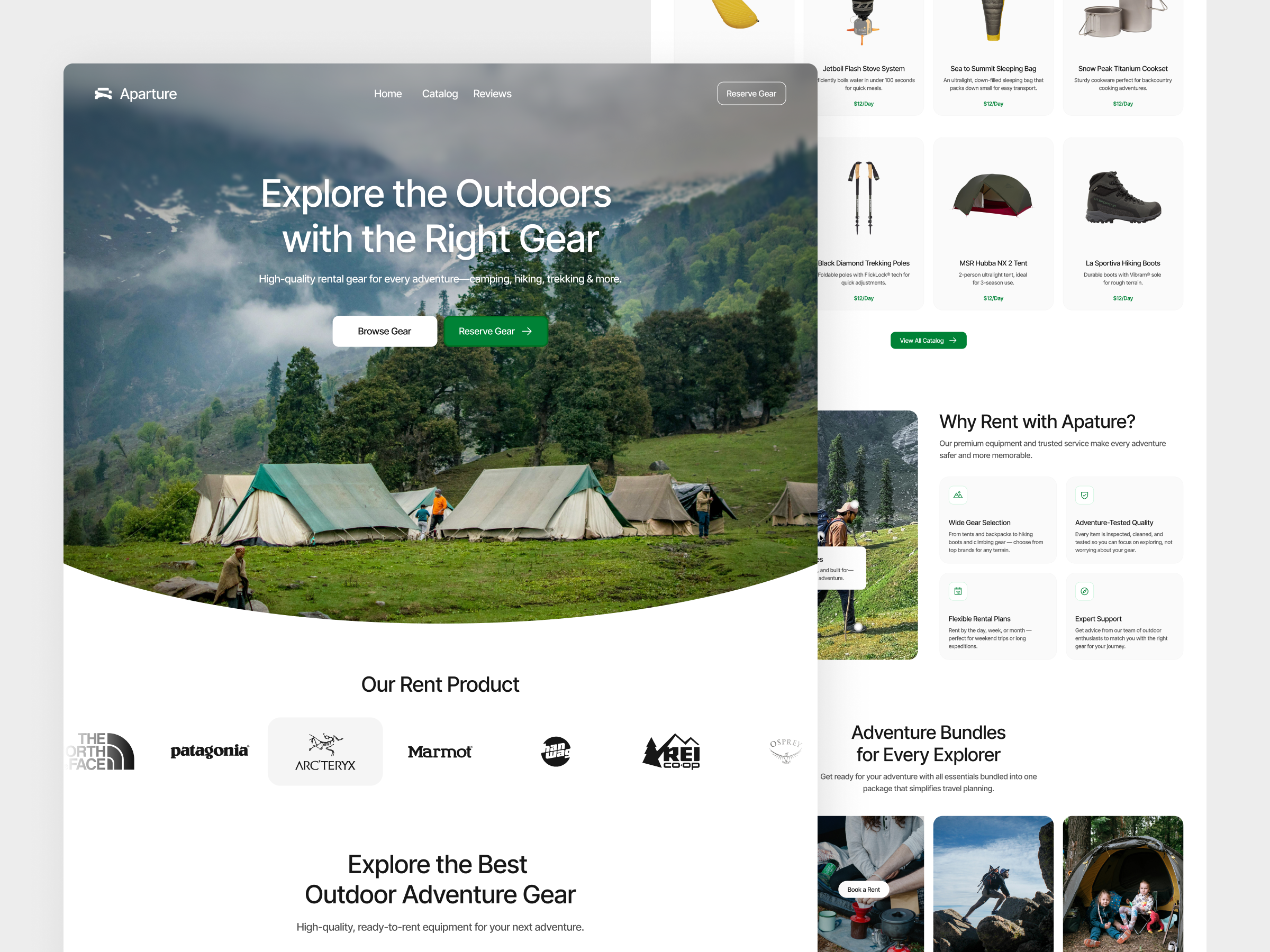 Apature - Outdoor Gear Rental Landing Page adventure adventure gear backpack camping camping gear eco travel explore gear gear rental hiking hiking equipment mountain mountain trip nature outdoor outdoor gear rental travel travel essentials trekking