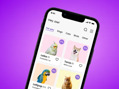 🐶 Pet adoption mobile app: All Pets Page adopt adoption animal app burger care home match menu mobile pet profile purple shelter subtitle support tab title ui
