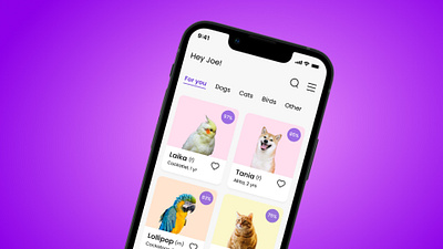 🐶 Pet adoption mobile app: All Pets Page adopt adoption animal app burger care home match menu mobile pet profile purple shelter subtitle support tab title ui
