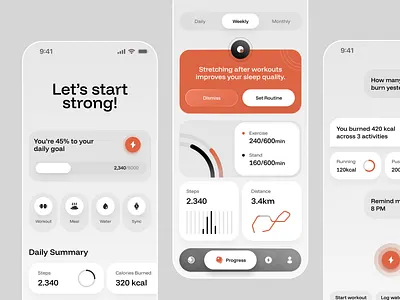 AI-Driven Fitness App – Home, Stats & Chatbot Screens ai chatbot dashboard elegant fitness gym ios meal minimal responsive steps tracker train ui ux water workout