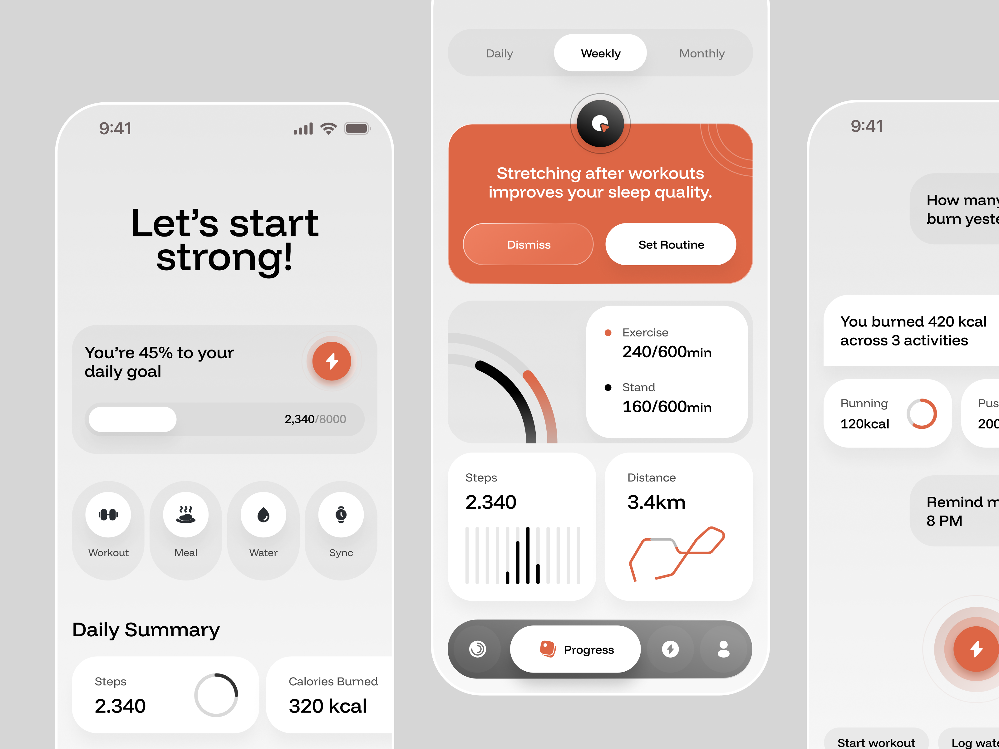 Example of AI-Driven Fitness App – Home, Stats & Chatbot Screens
