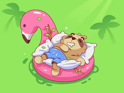 Sleeping sloth cartoon character characterdesign flamingo illustration inflatable ring palms pillows rest sea sloth summer vacation vector