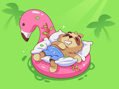 Sleeping sloth cartoon character characterdesign flamingo illustration inflatable ring palms pillows rest sea sloth summer vacation vector