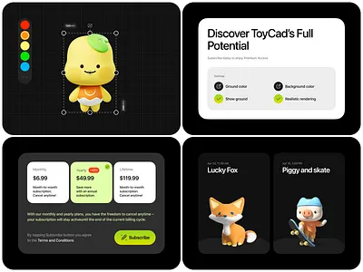 3D Character Builder UI & Subscription Flow Design 3d design creative tools dark mode ui dashboard ui design system interface design modern ui playful design pricing page product design subscription ui ui design ui ux ux design web app web design website design
