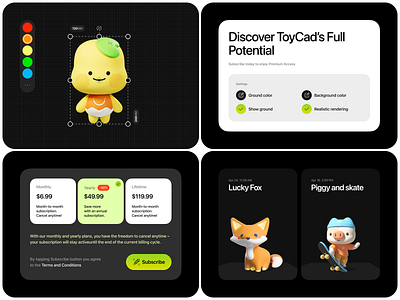 3D Character Builder UI & Subscription Flow Design 3d design creative tools dark mode ui dashboard ui design system interface design modern ui playful design pricing page product design subscription ui ui design ui ux ux design web app web design website design