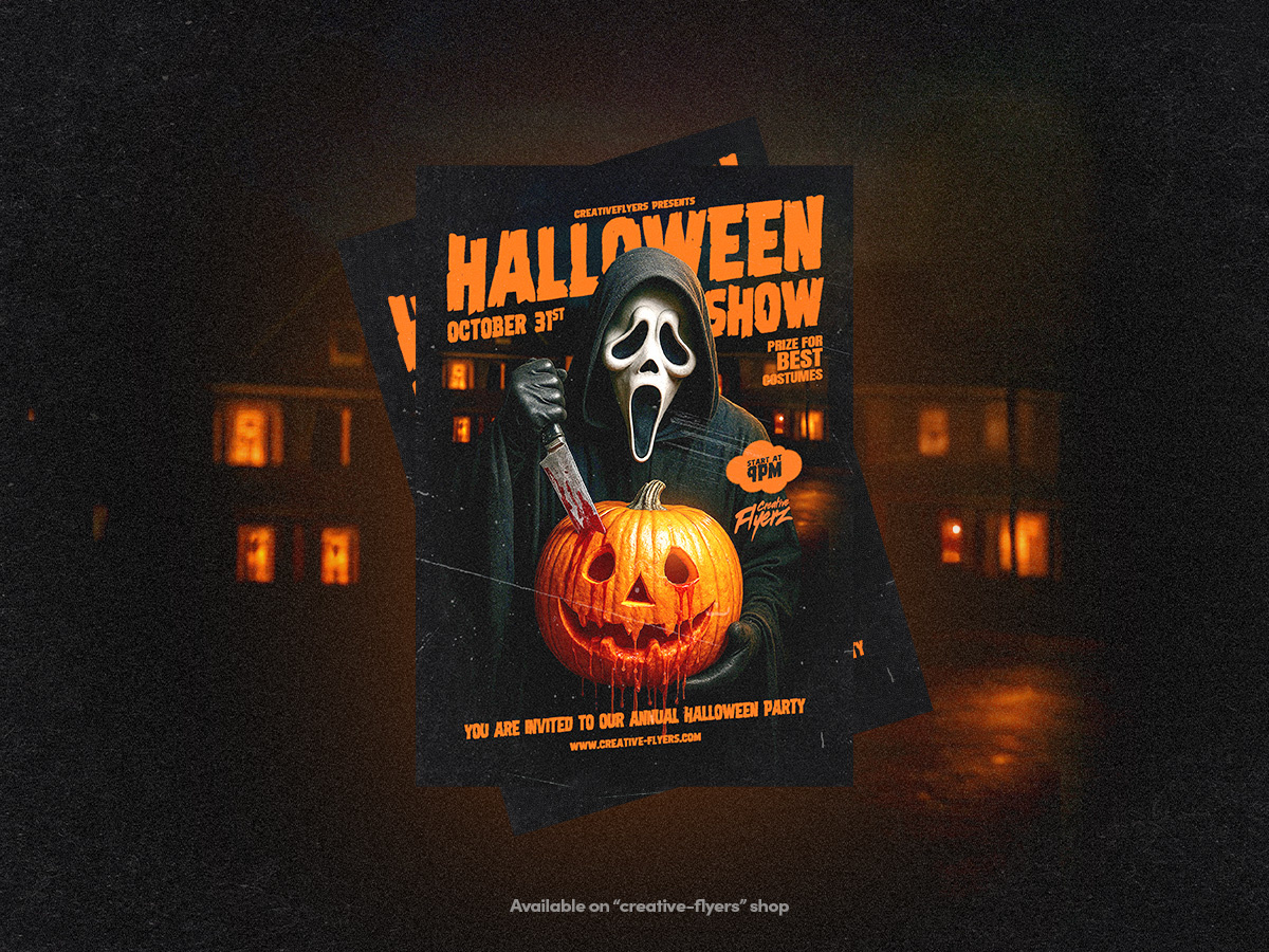Iconic Creepy Party Poster creative creative flyer design flyer templates ghostface graphic design halloween horror poster iconic movie photoshop poster pumpkin retro retro halloween design vintage poster