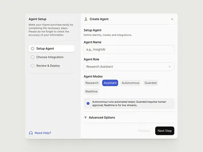 Create Agent Setup agent creation ai agent ai modal ai product design modal ui ux web design website