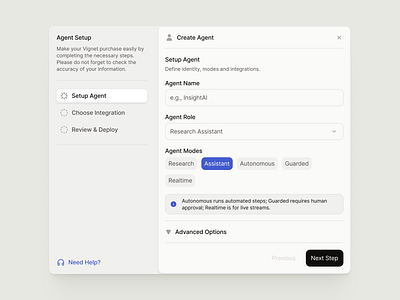 Create Agent Setup agent creation ai agent ai modal ai product design modal ui ux web design website