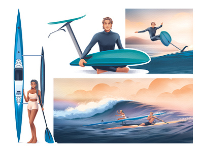 Canoe & Foil surfing canoe character clouds colorful foil illustration man nature ocean sea sports sunset surfer surfing texture wave woman