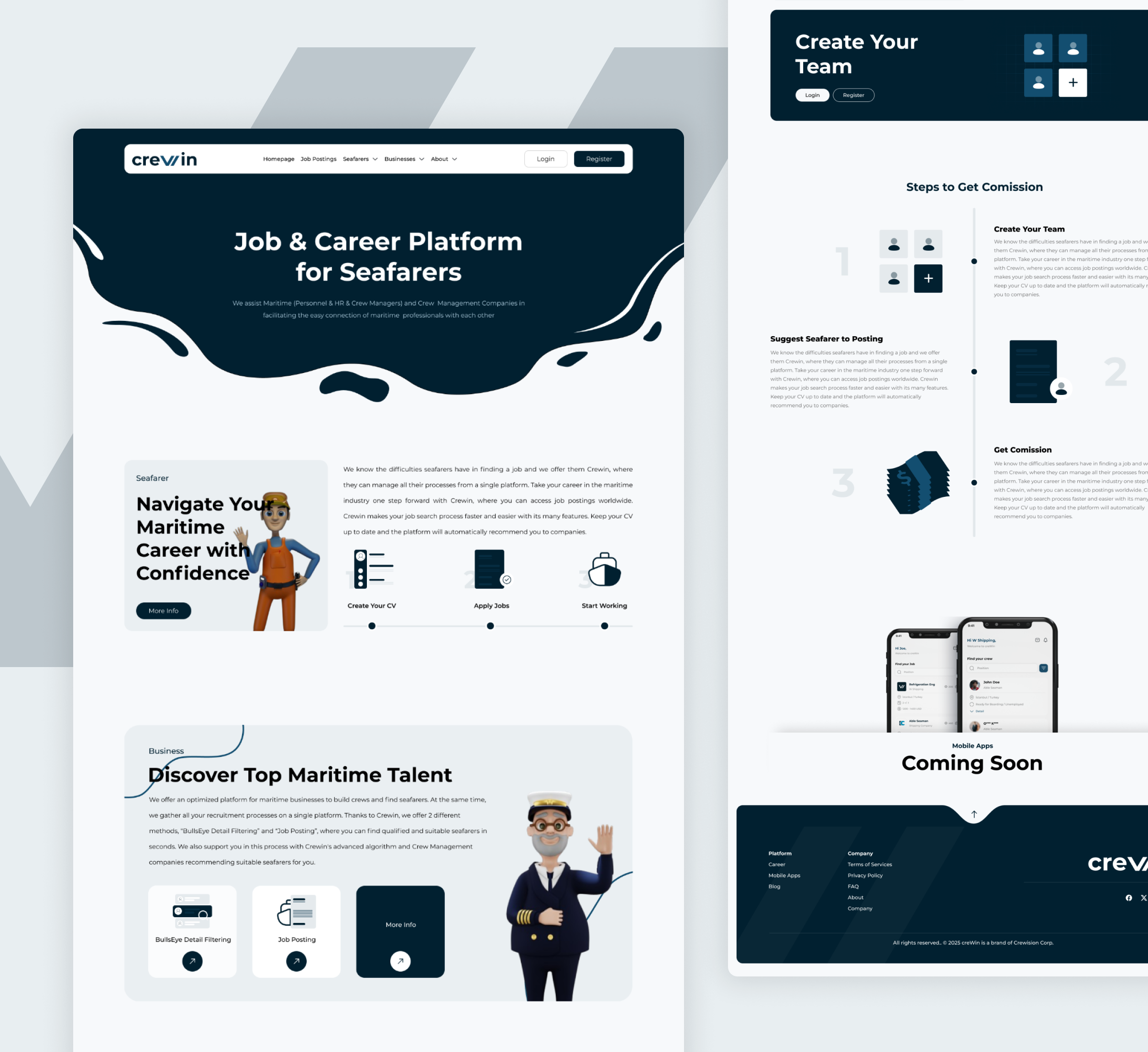 Crewin - Landing Page | Job Career Platform for Seafarers 3d branding career design graphic design illustration landing landing page maritime ui ui design web design