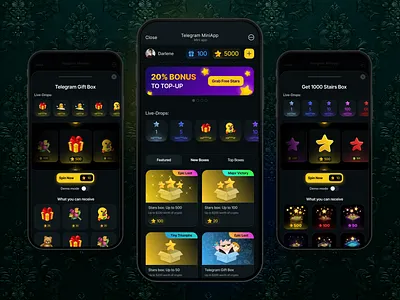 Telegram Game Сasino MiniApp appdesign creativeui cryptoapp darkmode darkui digitaldesign gameui gamification giftbox gradient miniapp mobileapp mobileui moderndesign rewards telegram ui uidesign userinterface uxdesign