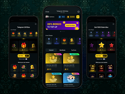 Telegram Game Сasino MiniApp appdesign creativeui cryptoapp darkmode darkui digitaldesign gameui gamification giftbox gradient miniapp mobileapp mobileui moderndesign rewards telegram ui uidesign userinterface uxdesign