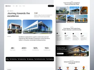 BuildNest- About Page Concept for Construction Website about page architecture clean layout construction corporate design interaction minimal modern ui portfolio page responsive design ui ui design ux ux design web design webpage website design