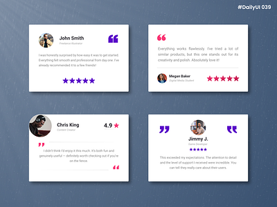 Daily UI #039 - Testimonials customers daily daily 100 challenge daily ui daily ui 039 dailyui design feedback graphic design minimal modern people product ratings review stars testimonials thoughts ui ux