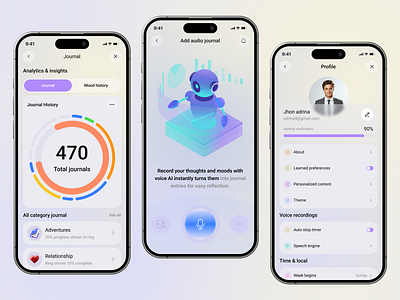 AI Journal And Diary Mobile App ai jounal app application audio journal clean design design system diary emoji interface journal app journaling app mindfulness mobile app mood tracker record app research ui ui design uiux design ux