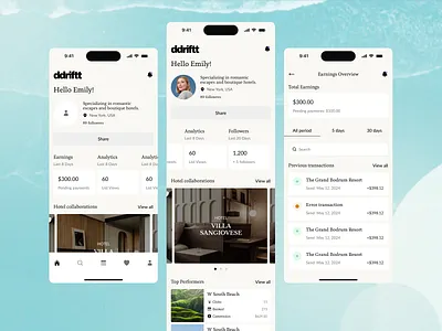 Ddriftt — OTA Platform for Travel Creators accessible interface airy layout app app design branding calming colors clean interface dashboard design earthy tones minimal ui modern typography natural design ota platform pastel palette soft aesthetic subtle gradients travel ui ux