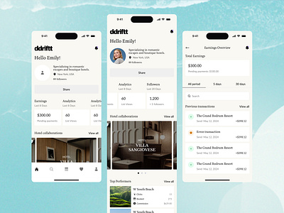 Ddriftt — OTA Platform for Travel Creators accessible interface airy layout app app design branding calming colors clean interface dashboard design earthy tones minimal ui modern typography natural design ota platform pastel palette soft aesthetic subtle gradients travel ui ux