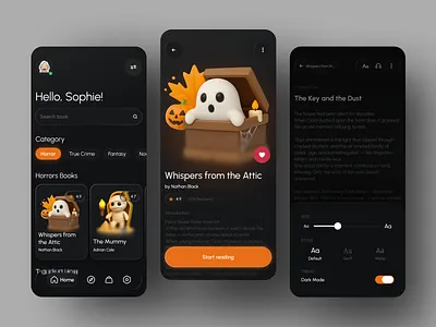 Halloween Reading Mobile App — 3D Glass UI Concept 3d ai branding design figma graphic design halloween illustration like mobile app ui ux