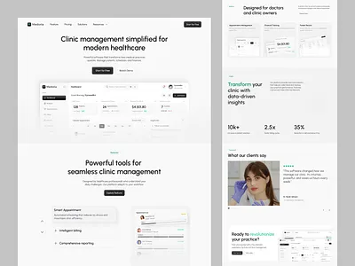 Medoria - Clinic Management Landing Page clean clinic landing page clinic management crm dental design doctor healthcare website hospital landing page medicine minimalist patient support popular saas ui web design
