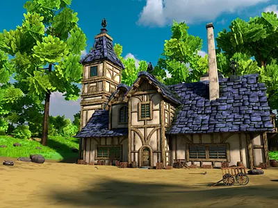 Stylized Medieval House 12 With Environment 3d 3dmodel art barrel blender3d cart crate environment exterior fantasy forest grass house landscape medieval render rock stylized tree