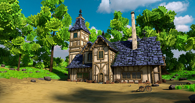 Stylized Medieval House 12 With Environment 3d 3dmodel art barrel blender3d cart crate environment exterior fantasy forest grass house landscape medieval render rock stylized tree