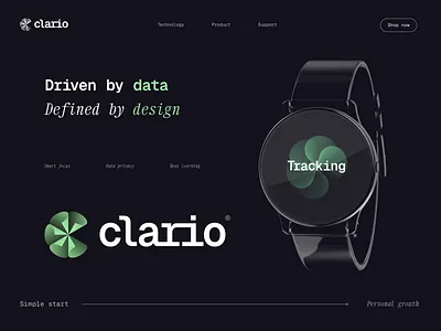 Clario Product and Hero Section Concept 3d ai animation assistant blockchain branding data device hero section identity lepisov logo motion spline tracker ui ux watch webdesign website