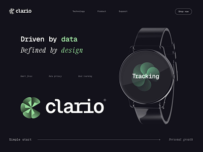 Clario Product and Hero Section Concept 3d ai animation assistant blockchain branding data device hero section identity lepisov logo motion spline tracker ui ux watch webdesign website