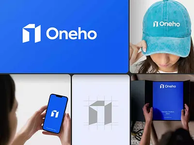 Real Estate Branding & Monogram Logo Design — Oneho Identity app icon branding brand identity color palette design geometric logo housing brand identity inter display logo design logo grid construction logo guidelines merchandise mockup mobile app splash monogram logo packaging branding property logo design proptech branding real estate branding real estate logo satoshi font typography system wordmark logo
