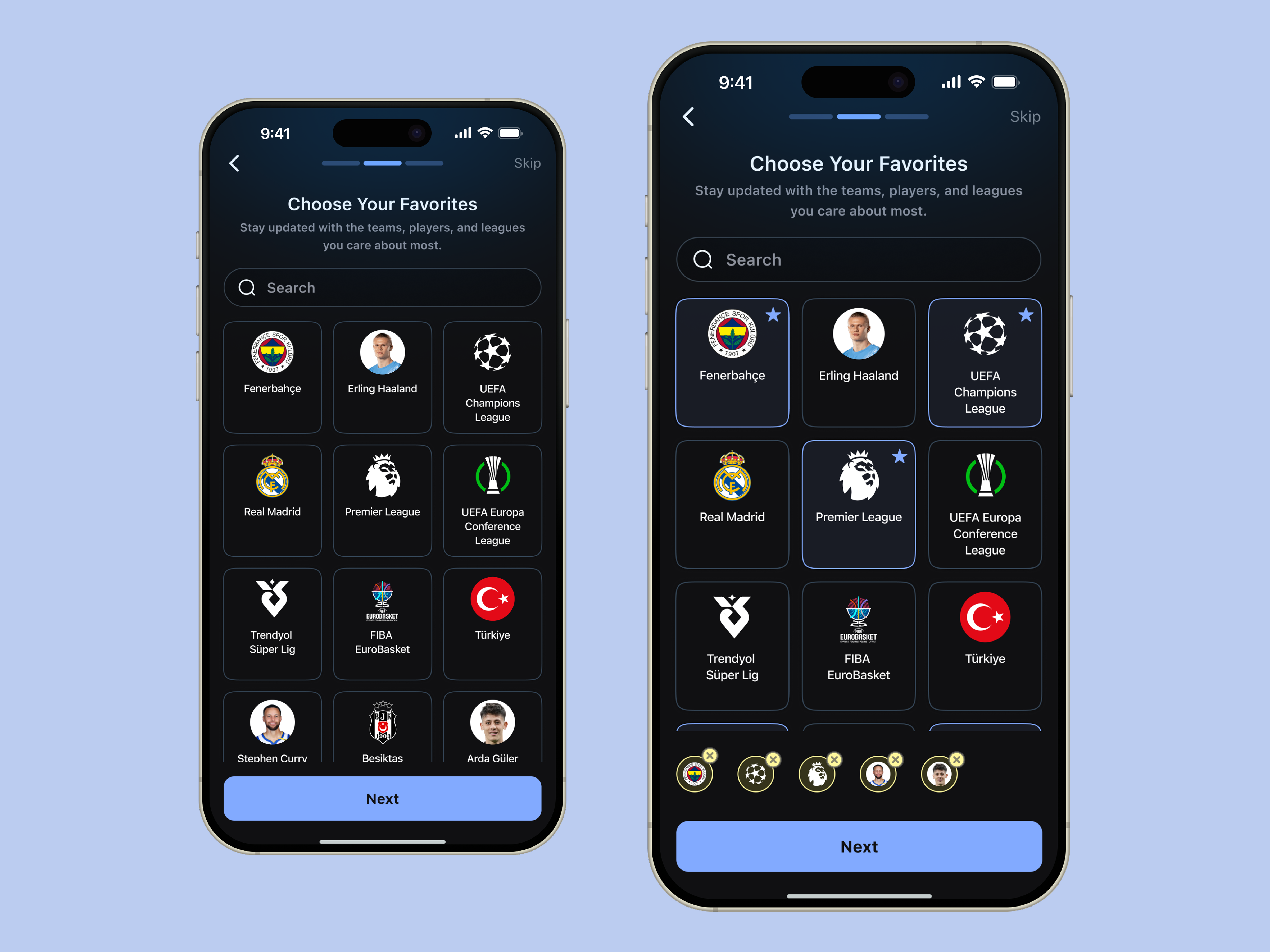 Choose Your Favorites — Sports App UI fanexperience fantasysports footballapp leaguetracker livescores matchdayui playerstats sportapp sportsproductdesign sportsux teamselector