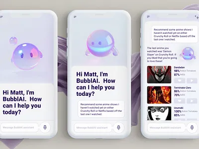 BubblAI – AI Assistant App Concept ai ai app ai assistant animation app app design assistant character design chat bot figma kawaii midjourney product design ui ui design user experience user interface ux ux design