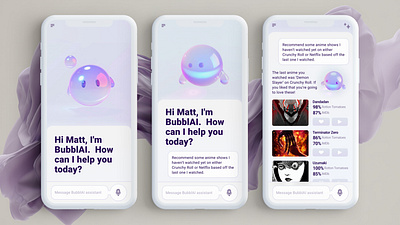 BubblAI – AI Assistant App Concept ai ai app ai assistant animation app app design assistant character design chat bot figma kawaii midjourney product design ui ui design user experience user interface ux ux design