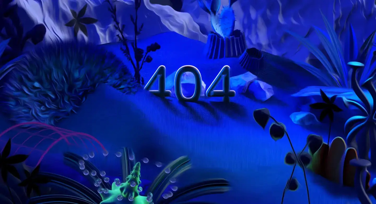 404 page illustration: Underwater depths for Kubeshop 3d 3d illustration 404 page 404 page illustration atmospheric bioluminescent blue creative 404 page design dark ui depth error page illustration ocean ui ui design underwater web design web ui