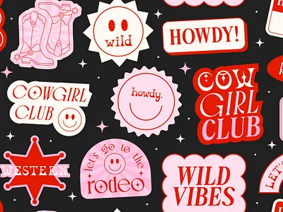 Cowgirl Stickers Seamless Pattern aesthetic badge cool cowboy cowgirl era groovy howdy icon retro rodeo sticker symbol texas vibes west western wild y2k yeehaw