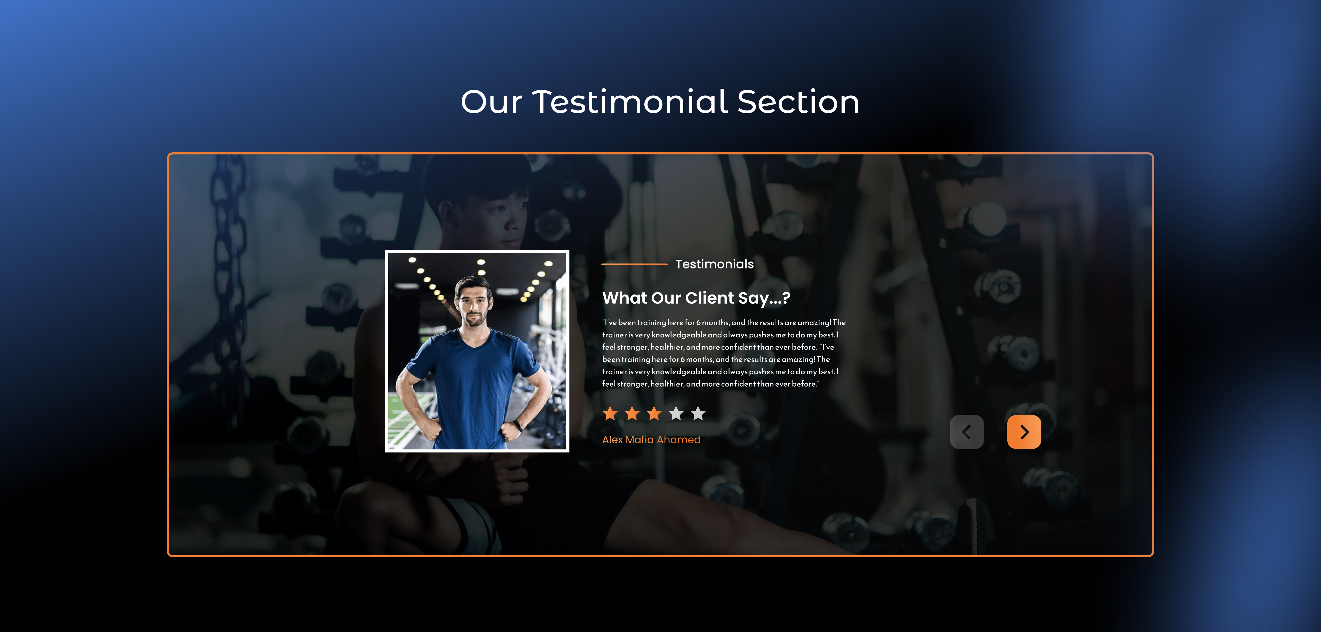 Our Testimonial Section || UIUX DESIGNER banner body builder deploy diploy figma graphic design gym gym center gym web gym website view gymneshiam website