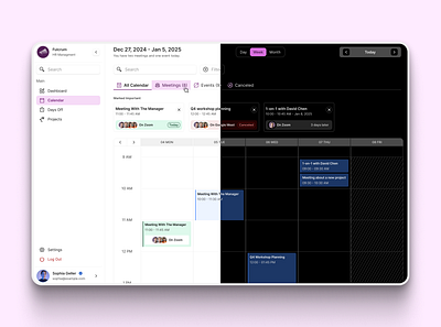 HRMS - Light and Dark Calendar approved black and white calendar card dark mode dashboard date light mode product design rejected ui ux