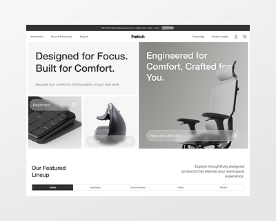 Designing Comfort & Focus — Premium Tech Furniture Store Website conversion optimization e commerce design ergonomic design landing page minimal design modern interface premium e commerce productivity setup tech furniture trust building ux strategy web design workspace store