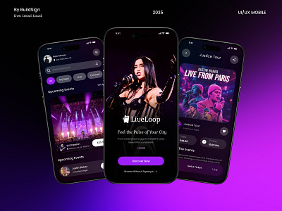 Music Events Ticketing App artist profile concert app creative design dark mode ui digital experience entertainment app event booking event discovery live events live music mobile app design modern interface music app music lovers nightlife design product design ticketing app ui inspiration uiux design user experience