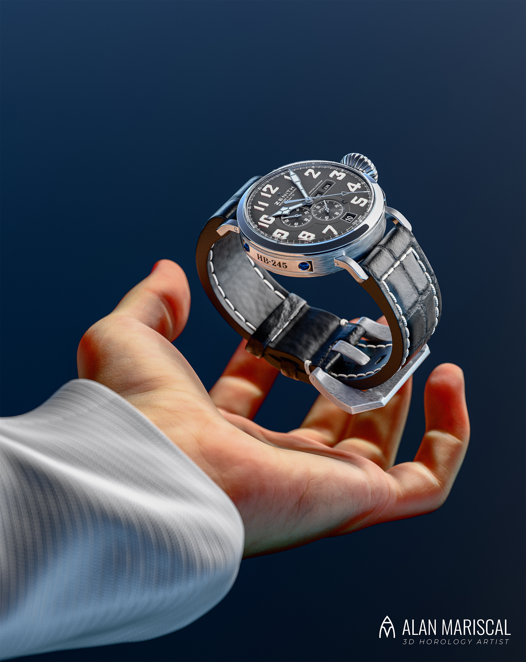 Zenith Pilot Wristwatch Product Visualization - Advertising 3d advertisement alanmariscal blender branding content horlogerie horology jewelry product productrendering timepiece timepieces visualization watches zenith