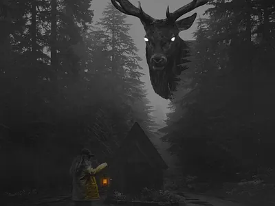 Down the misty road there is a giant moose atmosphere atmospheric editing creepy ghost ghostly giant goth graphic design halloween halloween editing haunted haunted forest light editing mood editing moose photoshop editing scary spooky spooky season
