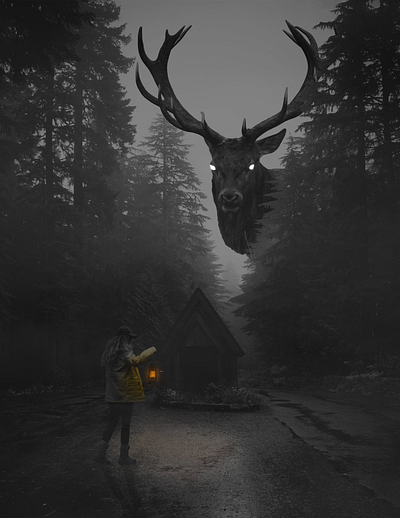 Down the misty road there is a giant moose atmosphere atmospheric editing creepy ghost ghostly giant goth graphic design halloween halloween editing haunted haunted forest light editing mood editing moose photoshop editing scary spooky spooky season