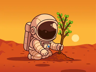Astronaut Planting on Moon๐ง๐ปโ๐๐ฟ๐ astronaut branding character cute doodle flat garden icon illustration leaf logo moon nature plant planting sky space sunset tree