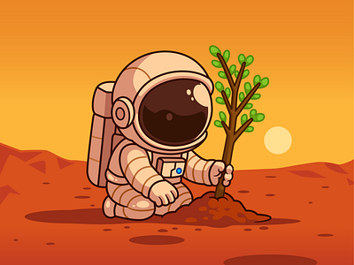 Astronaut Planting on Moon🧑🏻‍🚀🌿🌕 astronaut branding character cute doodle flat garden icon illustration leaf logo moon nature plant planting sky space sunset tree
