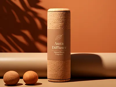 Natural Room Fragrance Packaging Design - Aura Diffuser 3d render advertising branding commercial art cork texture cosmetic packaging diffuser earth tones home fragrance interior design label design lifestyle minimalist packaging natural products packaging design product mockup product photography sustainable design visual design wellness