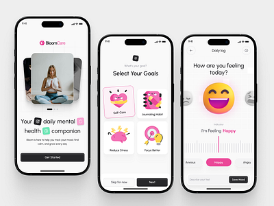 BloomCare - Mental Health Companion (Early Flow) branding calm clean colorful designer fun health healthcare mental health minimalist mobile mobile app monochrome onboarding pink product design soft ui uiux ux