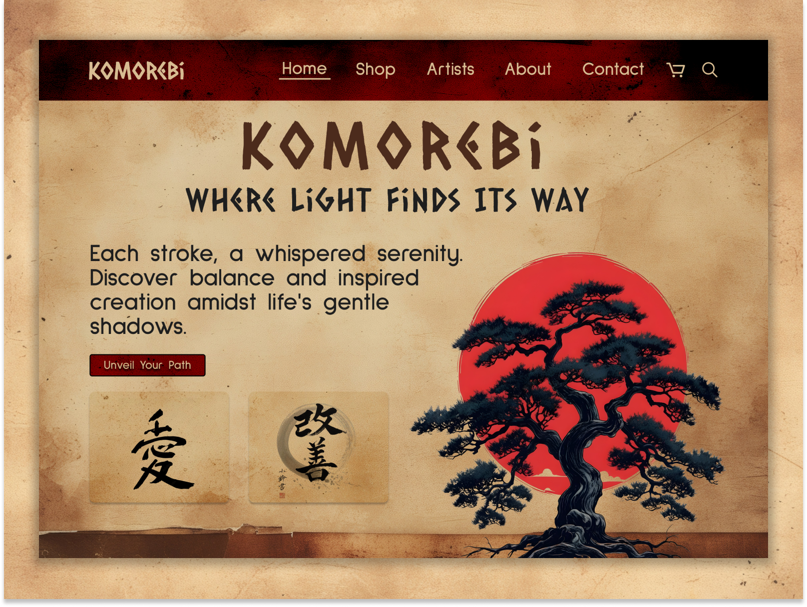 Komorebi - UI Design authentic Japanese calligraphy art Website calligraphy designinspiration ecommercedesign japaneseaesthetics komorebi landingpage mindfuldesign productdesign ui uiux webdesign