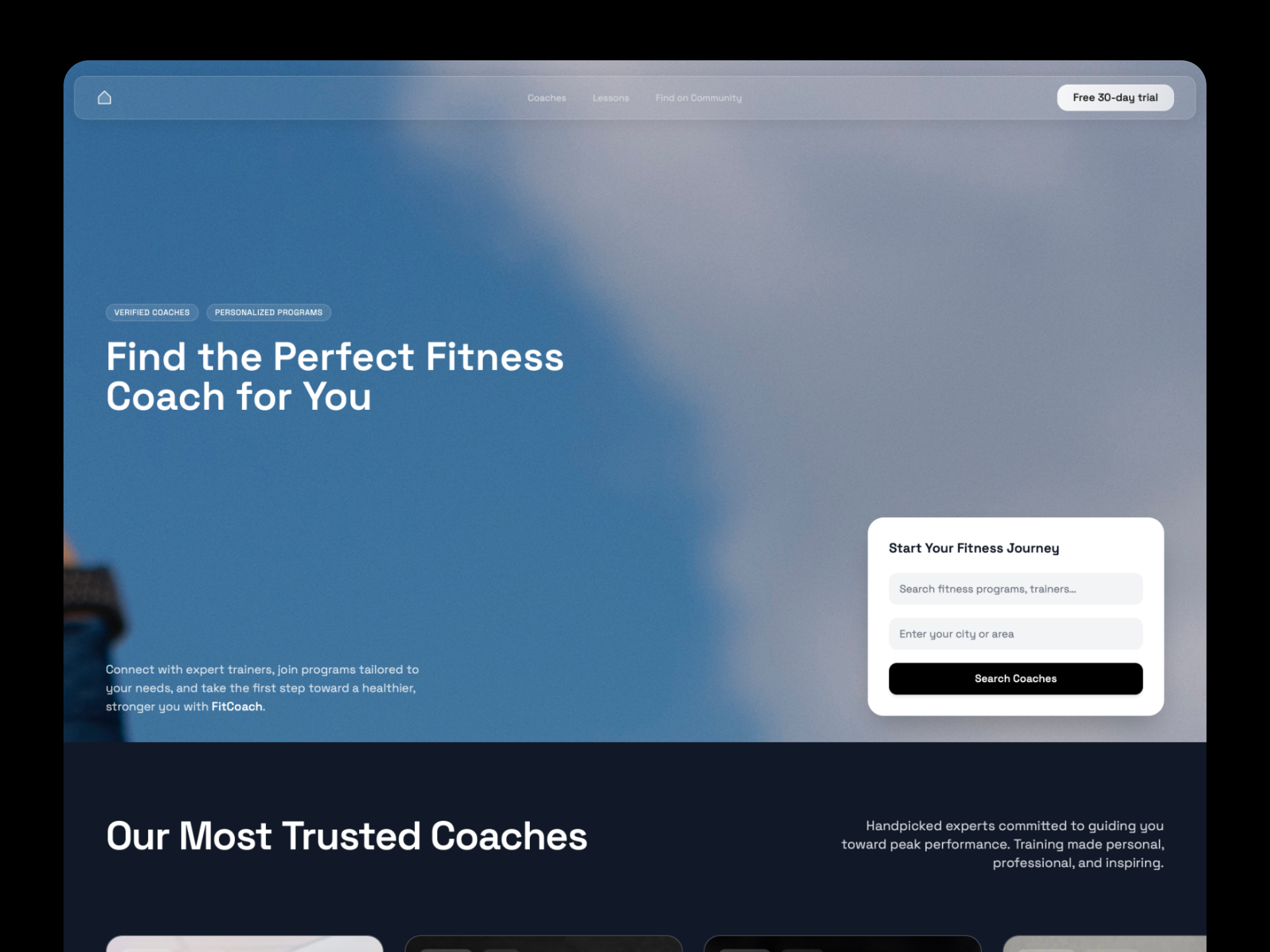 FitCoach - Sleek Minimalist Premium Coach booking website blue cloud coach coaching fitness glass glassmorphism high end liquid luxury marketplace minimalist modern premium royal blue sleek student training