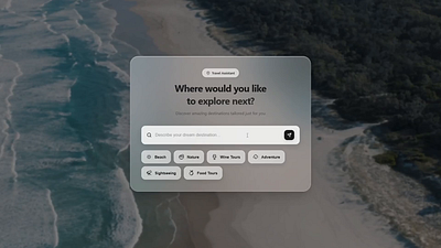 Travel Assistant – Find Your Next Escape ai ai chat chat ui galssmorphism modern interface search soft design travel asistant travel ui ui ui concept ui design