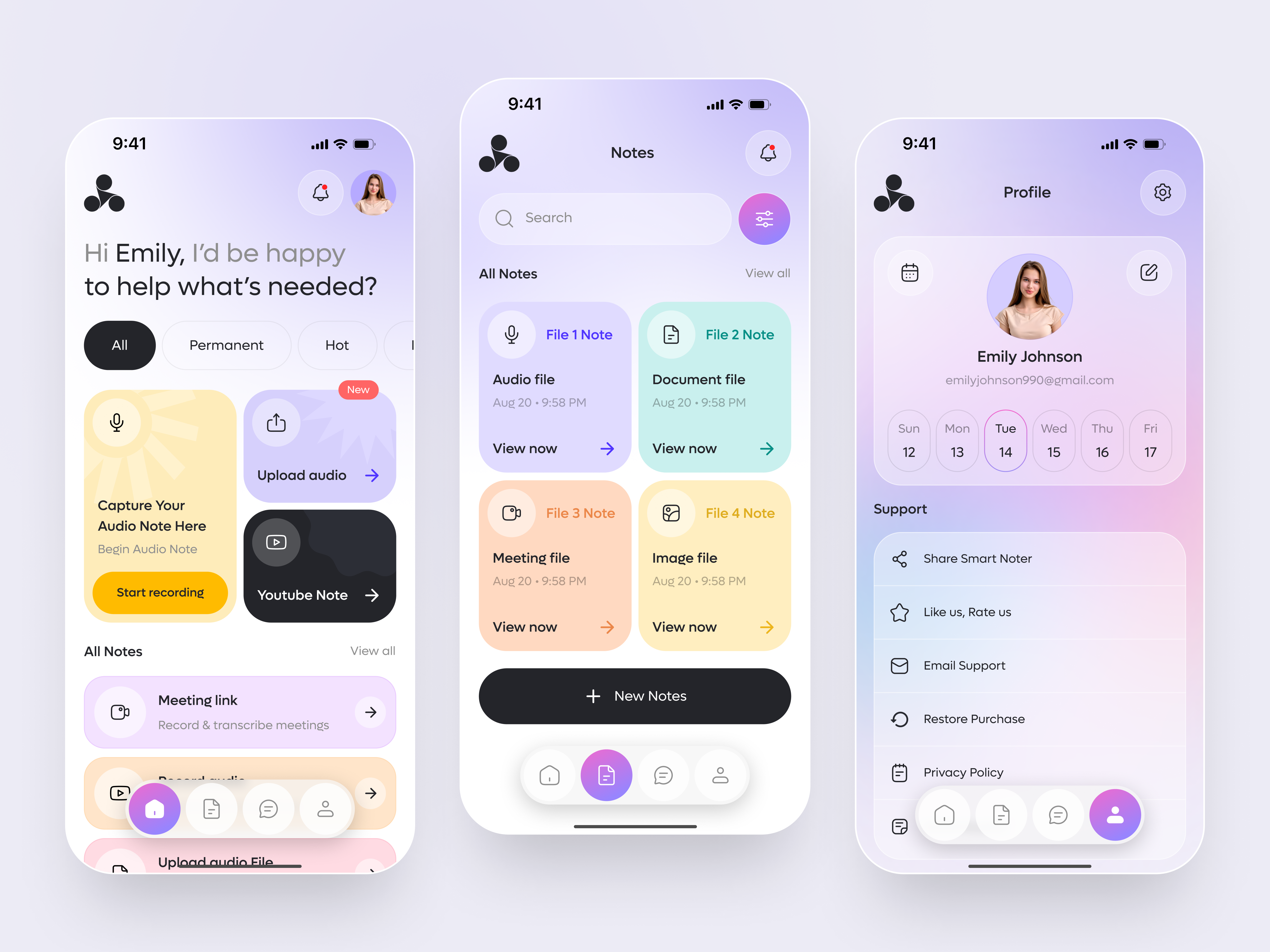 Smart Noter App | Voice & File Management UI/UX Design 🎧📝 ai app ai writing tool android audionotes iosapp minimaldesign mobile app design mobileapp note taking app noteapp productivity app productivityapp smart notes smartdesign speech to text transcriptionapp uiux voice file management voice journal