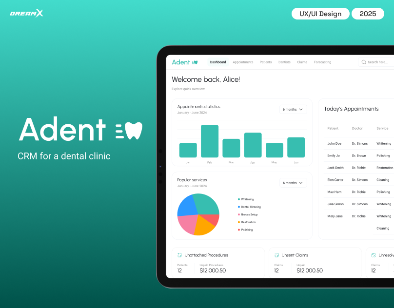 CRM for a dental clinic - Adent clinic crm crm design dental dashboard dreamx healthcare app ui ui design ux ux design web app