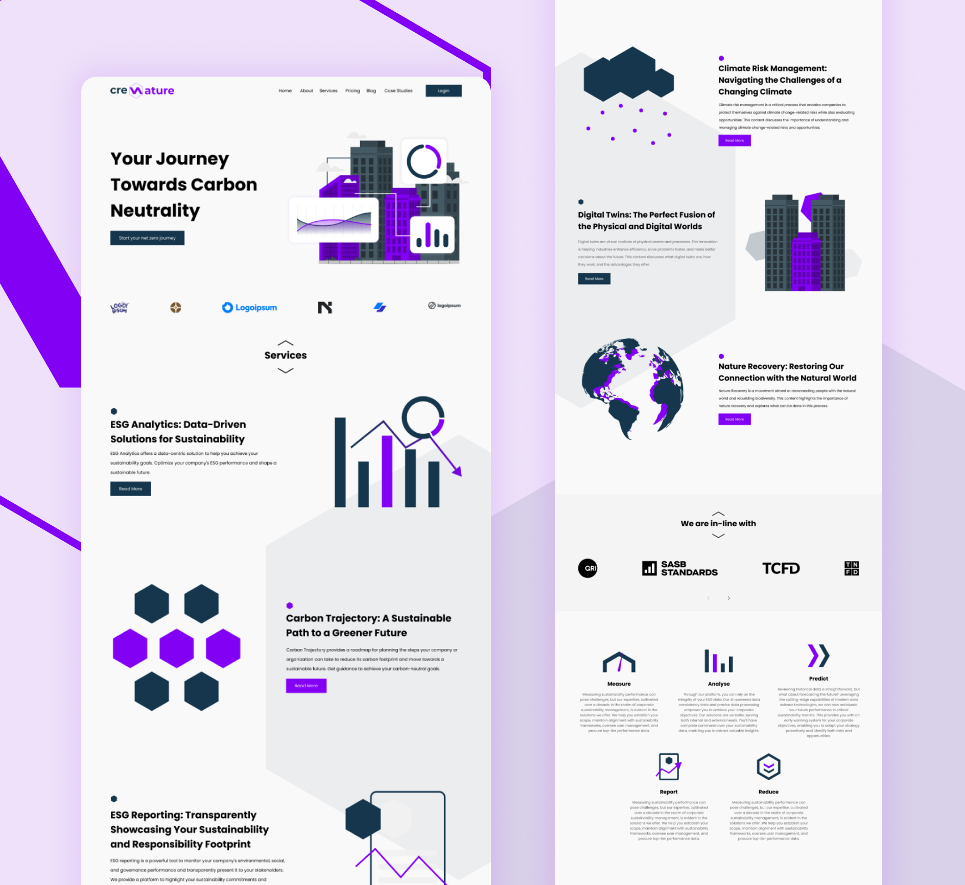 CrewNature - Carbon Footprint | Landing Page carbon carbon footprint crew design footprint hexagon illustration journey landing landing page natural nature purple safe testing ui ui design vector web design world